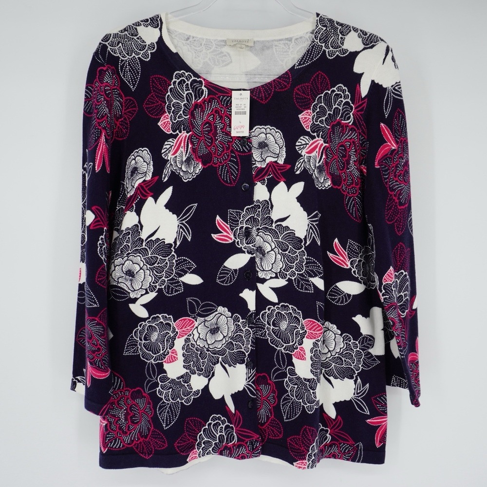 Talbots Navy Pink Floral Button Cardigan Sweater Large Classic Preppy Luxury NEW